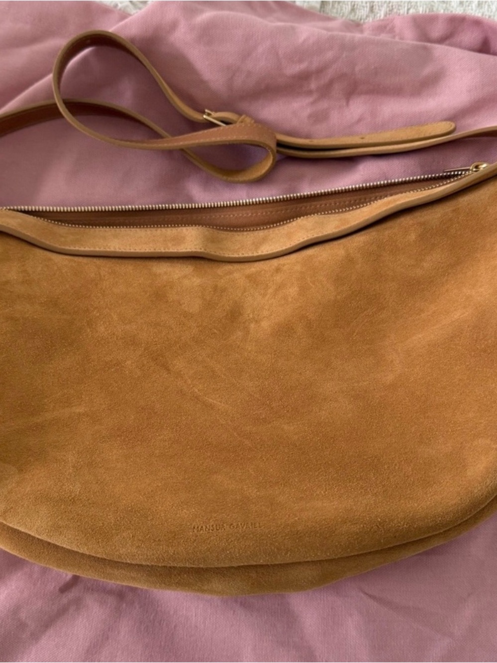 Brand New!! Mansur Gavriel Half Moon Suede Crossbody Bag in Caramel; NWT $695 - Picture 11 of 15